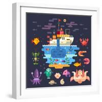 Ocean Underwater Life, Sea Animals. Fishing Boat. Fish, Octopus, Shrimp, Squid, Cancer, Mussels, Cr-Beresnev-Framed Art Print