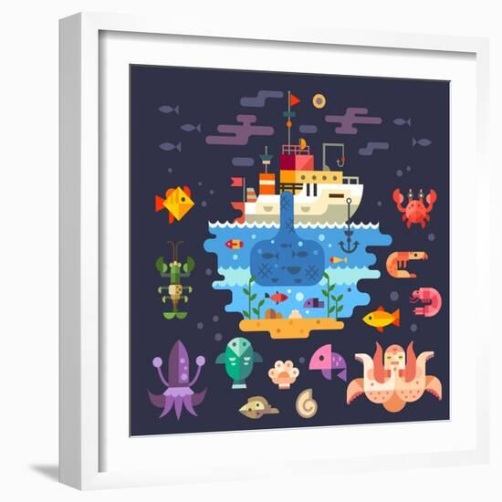 Ocean Underwater Life, Sea Animals. Fishing Boat. Fish, Octopus, Shrimp, Squid, Cancer, Mussels, Cr-Beresnev-Framed Art Print