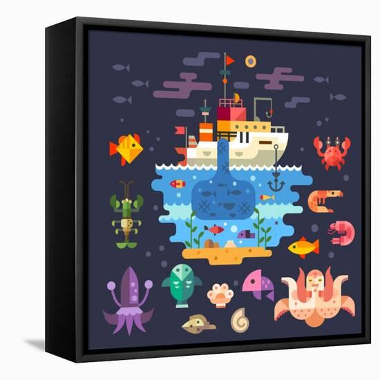 Ocean Underwater Life, Sea Animals. Fishing Boat. Fish, Octopus, Shrimp, Squid, Cancer, Mussels, Cr-Beresnev-Framed Stretched Canvas