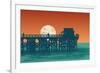 Oceanic View with Silhouette Pier and Full Moon. Vector Illustration.-jumpingsack-Framed Premium Giclee Print