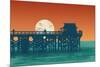 Oceanic View with Silhouette Pier and Full Moon. Vector Illustration.-jumpingsack-Mounted Premium Giclee Print