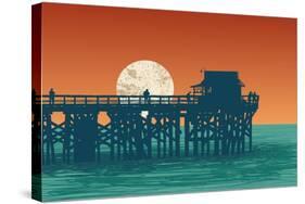 Oceanic View with Silhouette Pier and Full Moon. Vector Illustration.-jumpingsack-Stretched Canvas