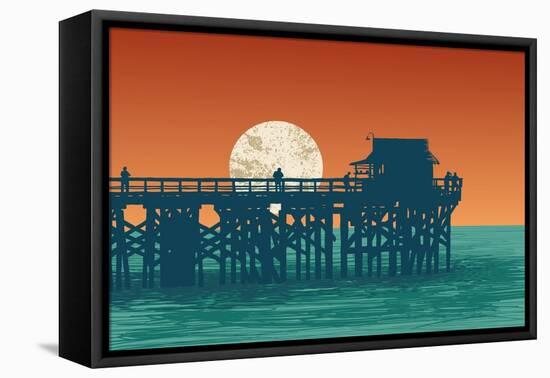 Oceanic View with Silhouette Pier and Full Moon. Vector Illustration.-jumpingsack-Framed Stretched Canvas