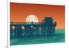 Oceanic View with Silhouette Pier and Full Moon. Vector Illustration.-jumpingsack-Framed Art Print