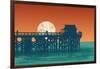Oceanic View with Silhouette Pier and Full Moon. Vector Illustration.-jumpingsack-Framed Art Print
