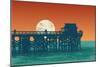 Oceanic View with Silhouette Pier and Full Moon. Vector Illustration.-jumpingsack-Mounted Art Print