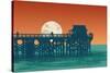 Oceanic View with Silhouette Pier and Full Moon. Vector Illustration.-jumpingsack-Stretched Canvas