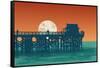 Oceanic View with Silhouette Pier and Full Moon. Vector Illustration.-jumpingsack-Framed Stretched Canvas