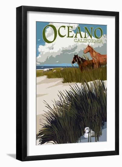 Oceano, California - Horses and Dunes-Lantern Press-Framed Art Print