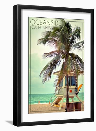 Oceanside, California - Lifeguard Shack and Palm-Lantern Press-Framed Art Print