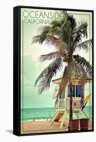 Oceanside, California - Lifeguard Shack and Palm-Lantern Press-Framed Stretched Canvas