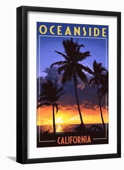 Oceanside, California - Palms and Sunset-Lantern Press-Framed Art Print