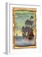 Ocracoke Island, North Carolina - Pirate Ship-Lantern Press-Framed Art Print