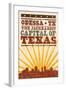 Odessa, Texas - Skyline and Sunburst Screenprint Style-Lantern Press-Framed Art Print