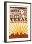 Odessa, Texas - Skyline and Sunburst Screenprint Style-Lantern Press-Framed Art Print