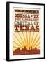 Odessa, Texas - Skyline and Sunburst Screenprint Style-Lantern Press-Framed Art Print