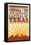 Odessa, Texas - Skyline and Sunburst Screenprint Style-Lantern Press-Framed Stretched Canvas