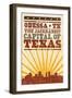 Odessa, Texas - Skyline and Sunburst Screenprint Style-Lantern Press-Framed Art Print