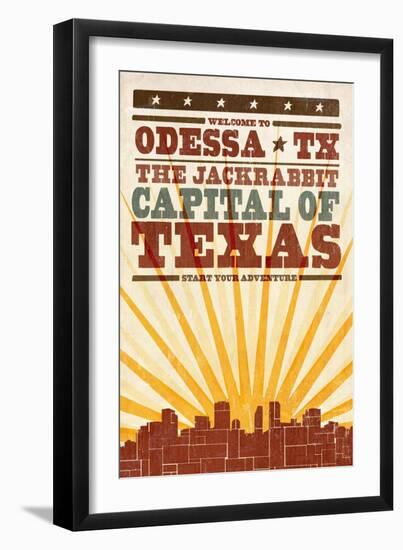 Odessa, Texas - Skyline and Sunburst Screenprint Style-Lantern Press-Framed Art Print