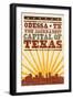 Odessa, Texas - Skyline and Sunburst Screenprint Style-Lantern Press-Framed Art Print