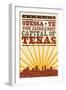 Odessa, Texas - Skyline and Sunburst Screenprint Style-Lantern Press-Framed Art Print