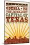 Odessa, Texas - Skyline and Sunburst Screenprint Style-Lantern Press-Mounted Art Print