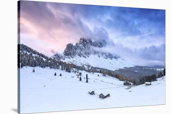 Odle group from Malga Caseril during sunrise, Funes Valley, Sudtirol (South Tyrol), Dolomites, Ital-Francesco Bergamaschi-Stretched Canvas