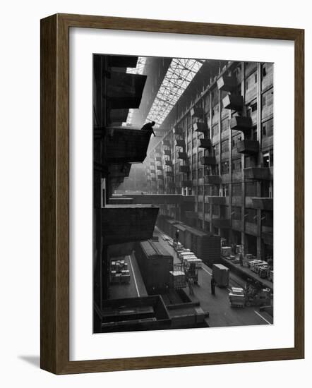 Off-Loaded Freight From Box Cars Being Hoisted Up to Jutting Loading Platforms, Brooklyn Army Base-Andreas Feininger-Framed Photographic Print