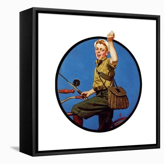 Off to Fish on a Bike-Norman Rockwell-Framed Stretched Canvas