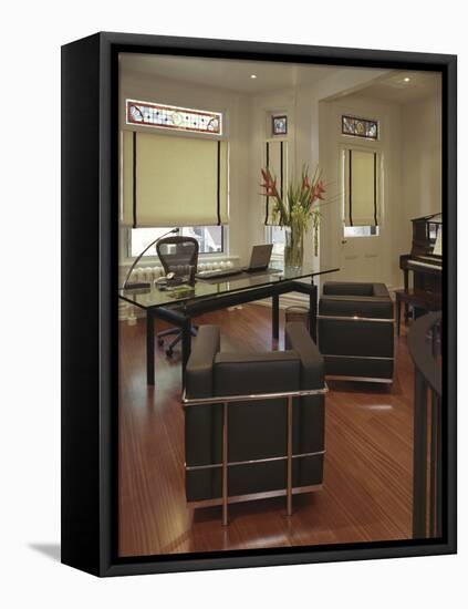 Office with Piano and Stained Glass Window-null-Framed Stretched Canvas