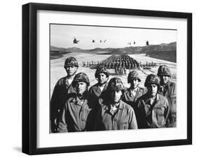 Officers and Men of Marine Corps Test Unit No.1, with Artillery Equipment, Helicopters in Formation-Hank Walker-Framed Photographic Print