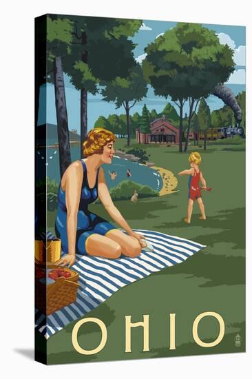 Ohio - Lake and Picnic Scene-Lantern Press-Stretched Canvas