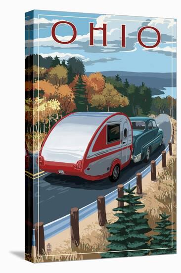 Ohio - Retro Camper on Road-Lantern Press-Stretched Canvas