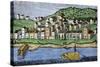 Ohio River Flatboat Passing Cincinnati in 1810-null-Stretched Canvas