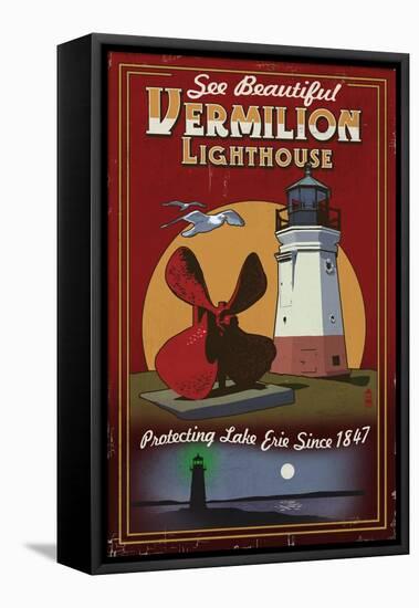 Ohio - Vermilion Lighthouse - Vintage Sign-Lantern Press-Framed Stretched Canvas