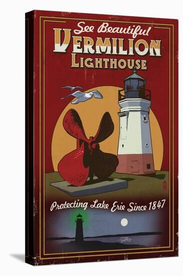 Ohio - Vermilion Lighthouse - Vintage Sign-Lantern Press-Stretched Canvas