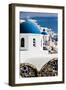 Oia, Greece. Row of Greek Orthodox Churches with blue domes.-Jolly Sienda-Framed Photographic Print