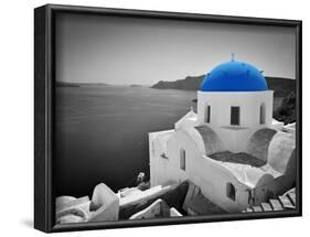 Oia Town on Santorini Island, Greece. Black and White Styled with Blue Dome of Traditional Church O-Michal Bednarek-Framed Photographic Print