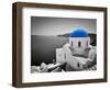 Oia Town on Santorini Island, Greece. Black and White Styled with Blue Dome of Traditional Church O-Michal Bednarek-Framed Photographic Print