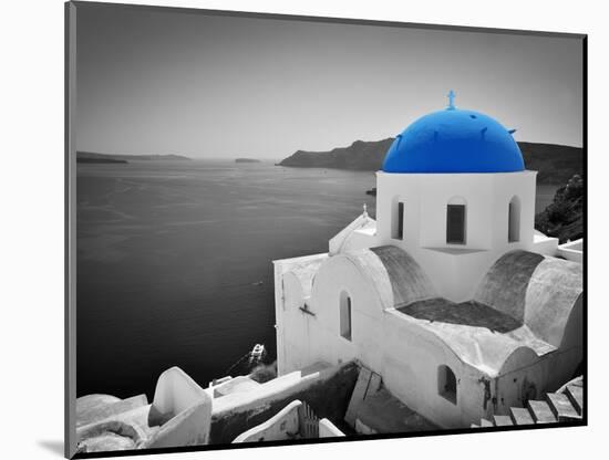 Oia Town on Santorini Island, Greece. Black and White Styled with Blue Dome of Traditional Church O-Michal Bednarek-Mounted Photographic Print