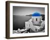 Oia Town on Santorini Island, Greece. Black and White Styled with Blue Dome of Traditional Church O-Michal Bednarek-Framed Photographic Print