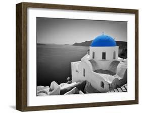 Oia Town on Santorini Island, Greece. Black and White Styled with Blue Dome of Traditional Church O-Michal Bednarek-Framed Photographic Print