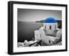 Oia Town on Santorini Island, Greece. Black and White Styled with Blue Dome of Traditional Church O-Michal Bednarek-Framed Photographic Print