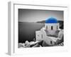 Oia Town on Santorini Island, Greece. Black and White Styled with Blue Dome of Traditional Church O-Michal Bednarek-Framed Photographic Print