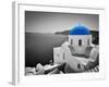 Oia Town on Santorini Island, Greece. Black and White Styled with Blue Dome of Traditional Church O-Michal Bednarek-Framed Photographic Print