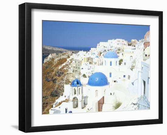 Oia with Blue Domed Churches and Whitewashed Buildings, Santorini (Thira), Cyclades Islands, Greece-Lee Frost-Framed Photographic Print