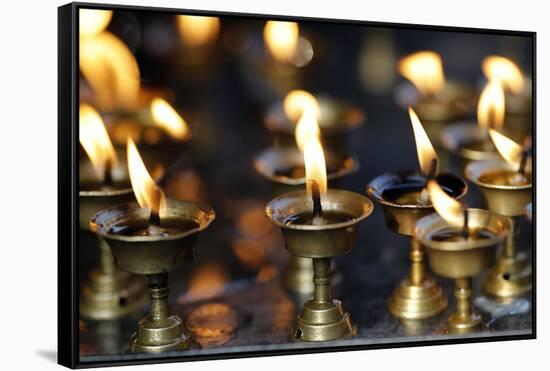 Oil (butter) lamps burning in Hindu temple, Kathmandu, Nepal, Asia-Godong-Framed Stretched Canvas