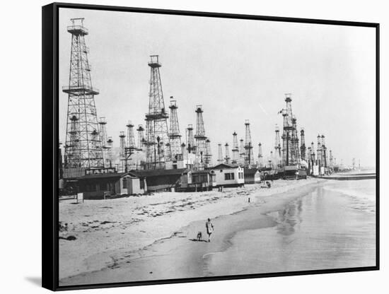Oil Derricks on a Beach in California-null-Framed Stretched Canvas