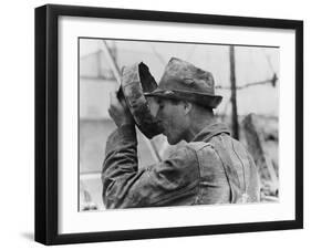 Oil Field Worker Drinking Water from a Crude Metal Container, Kilgore, Texas, 1939-null-Framed Photo