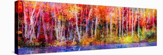 Oil Painting Colorful Autumn Trees. Semi Abstract Image of Forest, Aspen Trees with Yellow - Red Le-null-Stretched Canvas